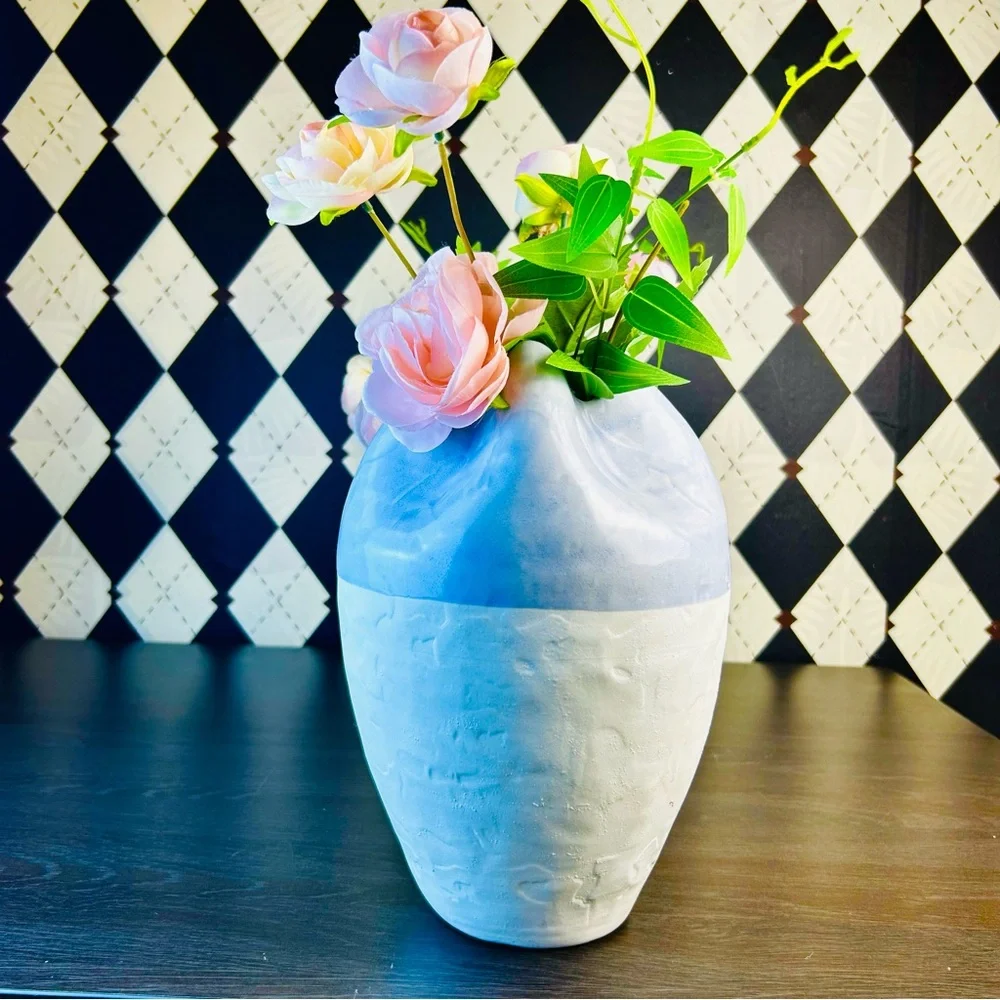 Large Wabi‎ Sabi Studio Pottery Vase Sculptural Ceramic Pinched Rim Blue White